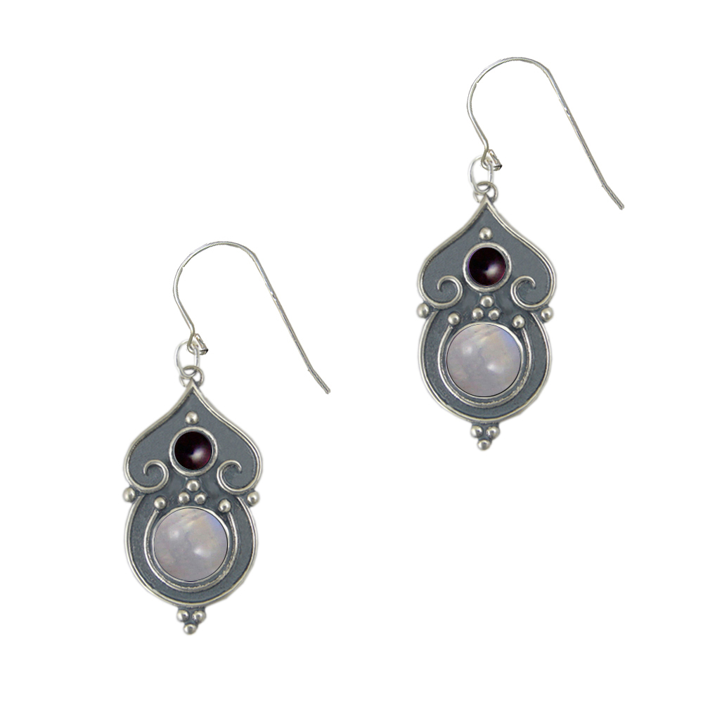 Sterling Silver Gothic Inspired Drop Dangle Earrings With Rainbow Moonstone And Garnet